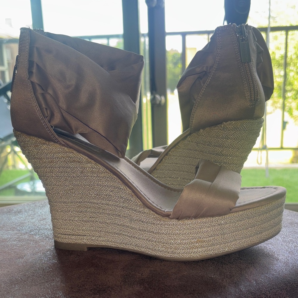 Jennifet Lopez Tan Satin Wedge Sandals